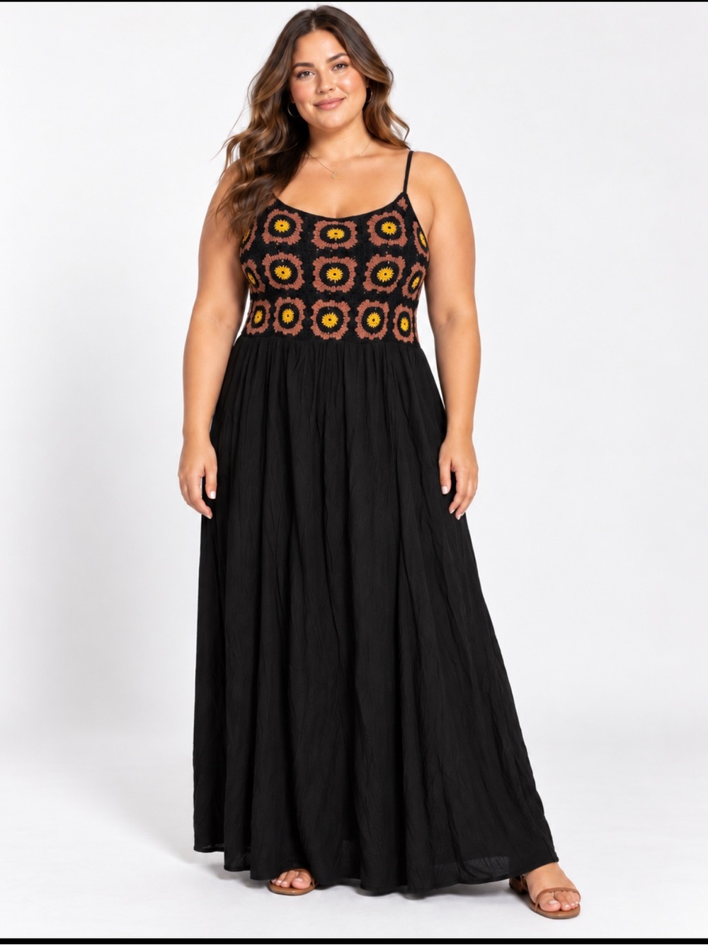 Sky Heart XL Black Crochet Floral Boho Maxi Dress Granny Square Festival Linef